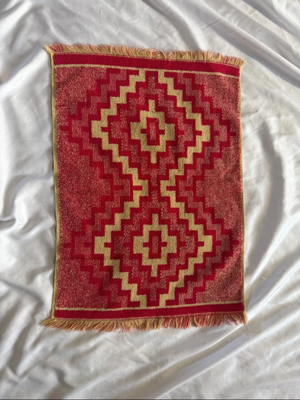 Vintage Sears Red and Cream Geometric Hand Towel with Fringe